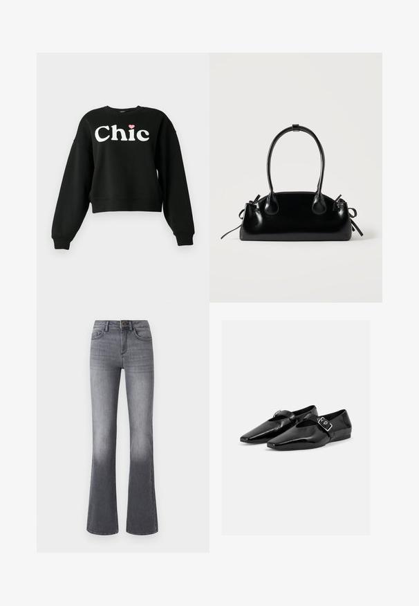 Sweatshirt noir à manches longues avec le texte blanc "Chic" et un petit cœur rose au-dessus de la lettre "i" à l'avant.; Jean flare taille haute en denim gris foncé, avec poches frontales, fermeture à bouton et légère décoloration vers l'ourlet.; Paire de chaussures plates en cuir verni noir à bouts pointus avec une bride à boucle sur le dessus, montrée sur un fond clair uni.; Petit sac à main noir brillant avec deux longues anses et des détails à cordon sur les côtés sur un fond clair uni.