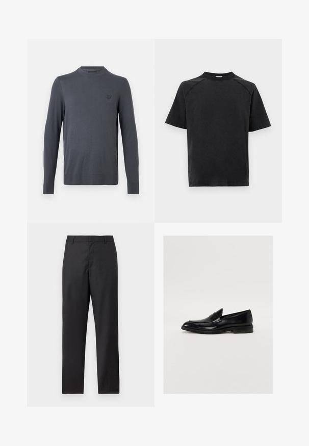 Pull-over à manches longues, gris foncé, col rond, avec un petit logo brodé sur le côté gauche de la poitrine, présenté sur un fond blanc uni.; T-shirt noir à manches courtes avec col rond, coutures raglan et ourlet droit, présenté sur un fond clair uni.; Pantalon de costume noir à jambes droites, passants pour ceinture et fermeture frontale dissimulée, présenté sur un fond blanc.; Mocassin en cuir noir avec une pointe arrondie, des coutures discrètes et une finition lisse. Doté d'un talon bas empilé et d'une sangle sur le cou-de-pied.