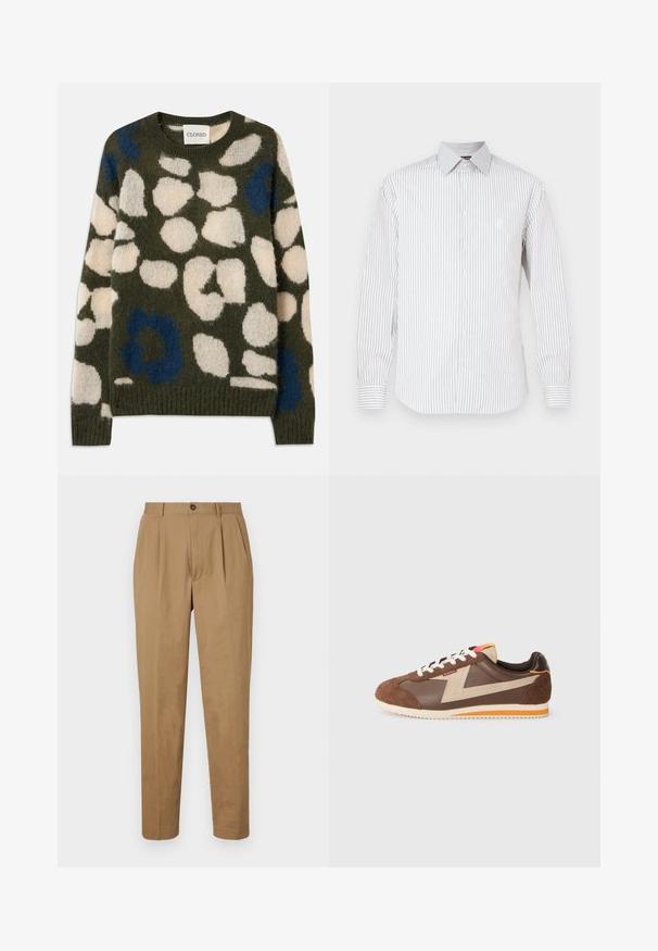 Suéter de punto en verde oliva con manchas abstractas en blanco y azul. Presenta un cuello redondo y puños y dobladillo acanalados. Tejido suave y texturizado.; Camisa blanca de manga larga con finas rayas verticales grises, cierre de botones en la parte delantera, cuello puntiagudo y logotipo bordado en el pecho.; Pantalones de tiro alto de color beige con corte recto, confeccionados en una tela suave. Cuentan con cierre de botón frontal y bolsillos laterales.; Zapatilla marrón con materiales de cuero y ante, que presenta una raya decorativa beige y una puntera texturizada en marrón. Cuentas con cordones blancos y acentos naranjas.