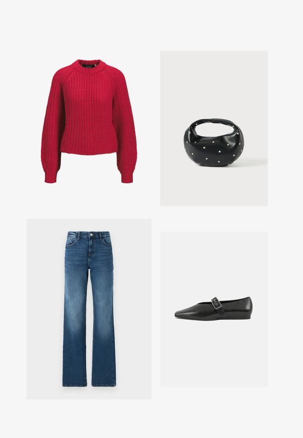 Roter grob gestrickter Pullover mit langen Ballonärmeln und geripptem Rundhalsausschnitt sowie Bündchen, Vorderansicht auf weißem Hintergrund.; Blaue Jeans aus Denim mit geradem Bein, fünf Taschen, leichter Ausbleichung, Knopfverschluss und kontrastierenden Nähdetails.; Schwarze Lederflachschuhe mit spitzem Zehenbereich, ausgestattet mit einem metallischen Riemen über dem Spann und einer niedrigen, flexiblen Sohle.; Schwarze Lederhandtasche mit abgerundeter Form, verziert mit silbernen Nietenakzenten und kurzem Griff. Glatte Struktur und Reißverschlussverschluss.
