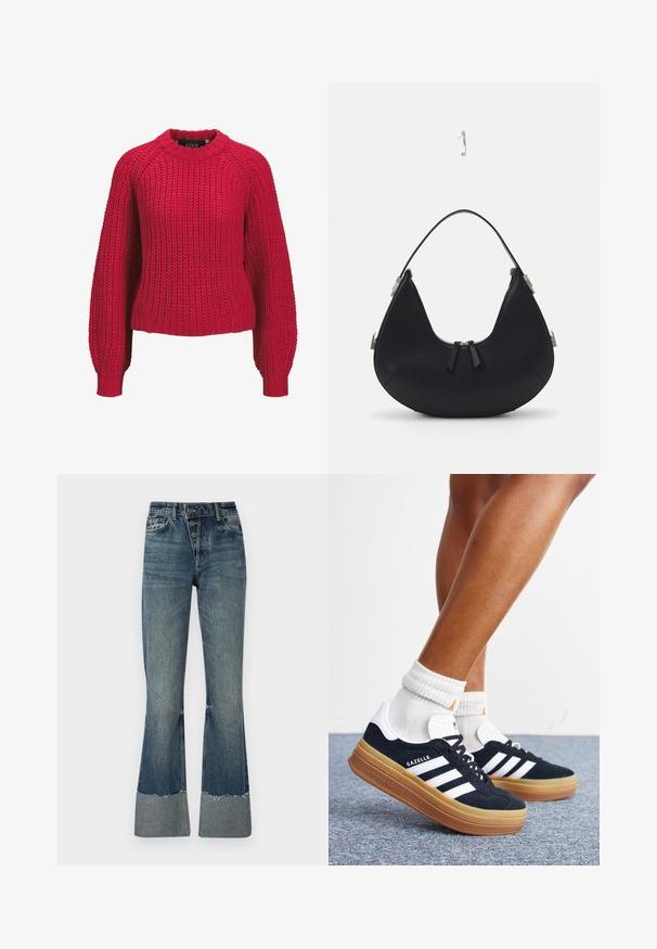 Rode dikke gebreide trui met lange ballonmouwen en geribbelde ronde hals en manchetten, voorkant weergegeven op een witte achtergrond.; Denim flared jeans in medium blauw met een hoge taille, vijf knopen en een geschuurd zoom. Beschikt over een lichtere boorden aan de onderkant en een vervaagde textuur.; Ben met witte sokken en zwarte Adidas Gazelle sneakers met witte strepen en dikke bruine zolen op een grijs tapijt.; Zwarte lederen handtas met een gebogen vorm, ritssluiting, twee zwarte franjes en zilverkleurige hardware accenten, inclusief een unieke bevestigingsdetail.