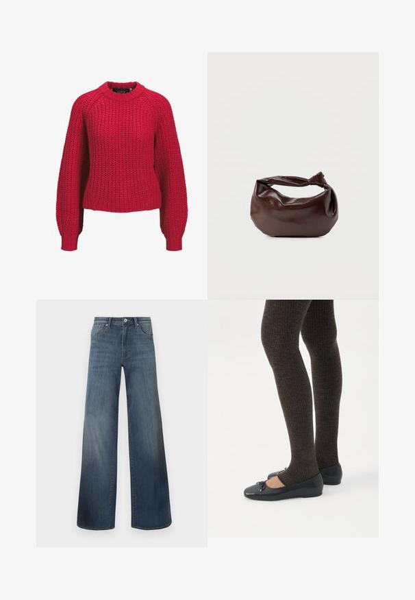 Roter grob gestrickter Pullover mit langen Ballonärmeln und geripptem Rundhalsausschnitt sowie Bündchen, Vorderansicht auf weißem Hintergrund.; Weite Jeans aus Denim in Dunkelblau mit einem distressed Finish, Knopfverschluss und fünf Taschen. Glatte Textur, minimale Nähdetails.; Beine in dunklen, gerippten Leggings kombiniert mit schwarzen Ballerinas mit kleinen Schleifendetails auf weißem Hintergrund.; Dunkelbraune Lederschultertasche mit weicher, lockerer Form und einem gedrehten Knotengriff vor schlichtem weißem Hintergrund.