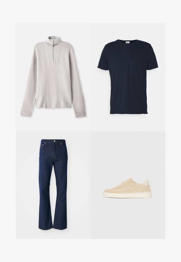 Pull-over en polaire gris clair avec un col zippé mi-hauteur, des manches longues, et un petit logo sur la poitrine. Texture douce et coupe décontractée.; T-shirt en coton bleu marine avec un col rond et des manches courtes, présentant une texture lisse et un design simple, sans motifs ni accents visibles.; Jeans évasés de couleur bleu foncé en denim. Comprend cinq poches, une fermeture éclair à l'avant et un bouton métallique. Accents de couture classique.; Baskets en daim beige avec semelle et lacets blancs, design basse, et motif de semelle en zigzag.