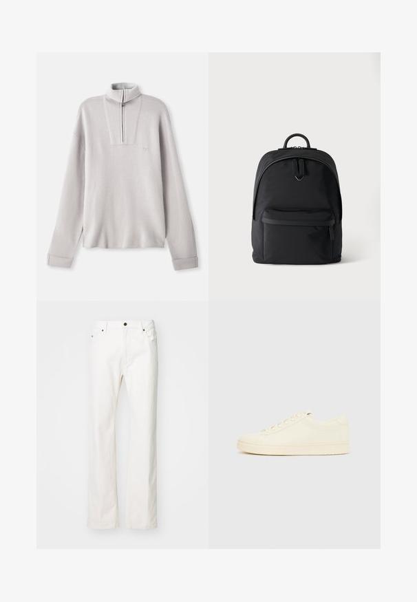 Pull-over en polaire gris clair avec un col zippé mi-hauteur, des manches longues, et un petit logo sur la poitrine. Texture douce et coupe décontractée.; Jean en denim blanc avec une coupe droite, dotés de cinq poches, fermeture par bouton métallique et détails de couture minimalistes.; Baskets couleur crème avec une tige en cuir lisse, bout arrondi, laçage à l'avant et semelle en caoutchouc texturée. Design minimaliste, sans logo.; Sac à dos noir avec une poche avant zippée, un compartiment principal à double fermeture éclair et un petit logo en métal sous les poignées de la fermeture principale.