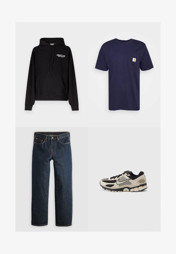 Μαύρο φούτερ Carhartt WIP με τσέπη καγκουρό μπροστά, κουκούλα με κορδόνι και λευκό κείμενο λογότυπου στο αριστερό στήθος.; Ναυτικό μπλε βαμβακερό T-shirt με κοντά μανίκια, στρογγυλή λαιμόκοψη και αριστερή τσέπη στο στήθος με κεντημένο το κίτρινο και λευκό λογότυπο Carhartt.; Σκούρο μπλε τζιν με ίσια γραμμή στα πόδια. Διαθέτει πέντε τσέπες, ραφές σε αντίθεση και κλείσιμο με κουμπί στη μέση.; Αθλητικό παπούτσι Nike για τρέξιμο σε κρεμ και μαύρο χρώμα. Διαθέτει άνω μέρος από δίχτυ, υφασματινές λεπτομέρειες, χονδρό λαστιχένιο εξωτερικό πάτο και χαρακτηριστικό σχεδιασμό στη σόλα στη μέση.
