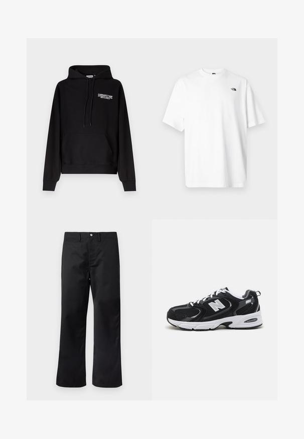 Μαύρο φούτερ Carhartt WIP με τσέπη καγκουρό μπροστά, κουκούλα με κορδόνι και λευκό κείμενο λογότυπου στο αριστερό στήθος.; Λευκό βαμβακερό μπλουζάκι με κοντά μανίκια, σχέδιο με V λαιμόκοψη, με μικρό μαύρο λογότυπο στο επάνω αριστερό μέρος. Απαλή υφή, άνετη εφαρμογή.; Μαύροι παντελόνες με ίσια γραμμή, κατασκευασμένοι από λείο ύφασμα. Διαθέτουν πλαϊνές τσέπες και κούμπωμα με κουμπί στη μέση.; Μαύρα και γκρι αθλητικά παπούτσια με ανώτερο μέρος από δίχτυ και σουέτ, διαθέτοντας λευκή ενδιάμεση σόλα, κορδόνια και έντονο λογότυπο "N" στο πλάι.