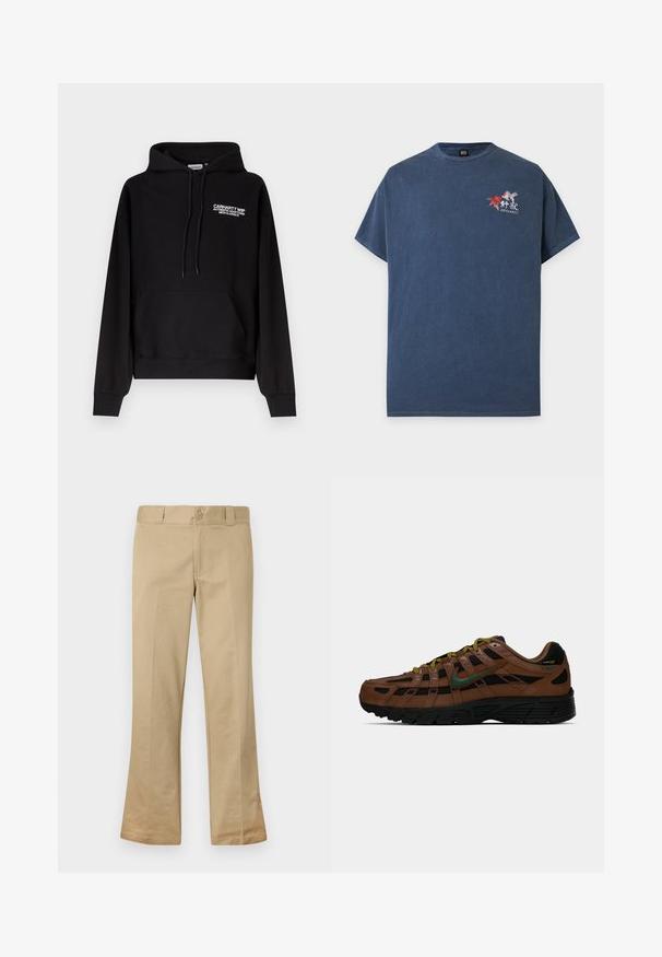 Μαύρο φούτερ Carhartt WIP με τσέπη καγκουρό μπροστά, κουκούλα με κορδόνι και λευκό κείμενο λογότυπου στο αριστερό στήθος.; Σκούρο μπλε κοντομάνικο μπλουζάκι με μικρό κεντητό σχέδιο δύο ψαριών koi και ιαπωνικούς χαρακτήρες στο αριστερό στήθος.; Μπεζ πλατινές παντελόνες από βαμβακερό μίγμα, με κλείσιμο κουμπιού, θηλιές ζώνης και επίπεδο μπροστινό μέρος με μαλακή υφή.; Καφέ και μαύρο χαμηλό sneaker με πράσινη ανάγλυφη σήμανση Nike, κίτρινες και μαύρες κορδόνες, και μαύρη σόλα, πλευρική όψη σε απλή φόντο.
