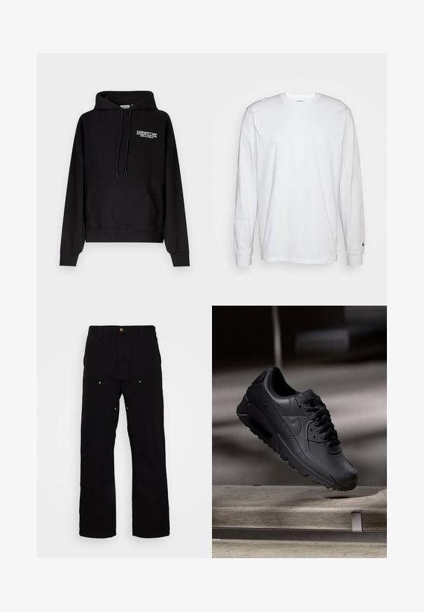 Μαύρο φούτερ Carhartt WIP με τσέπη καγκουρό μπροστά, κουκούλα με κορδόνι και λευκό κείμενο λογότυπου στο αριστερό στήθος.; Λευκό μπλουζάκι με μακριά μανίκια από βαμβάκι. Σχέδιο crew neck με ριμπ μανίκια και μικρό λογότυπο στο αριστερό μανίκι. Λείος υφάνσεις.; Μαύρο τζιν παντελόνι με σχέδιο ευθείας γραμμής, διαθέτοντας χρυσά μεταλλικά στοιχεία και ορατές ραφές στις μπροστινές και πίσω τσέπες.; Μαύρα αθλητικά παπούτσια Nike Air Max με επάνω μέρος από υφασμάτινο δέρμα, καουτσούκ σόλα και έντονο σύστημα κορδονιών, που δείχνουν έναν κομψό και μοντέρνο σχεδιασμό.