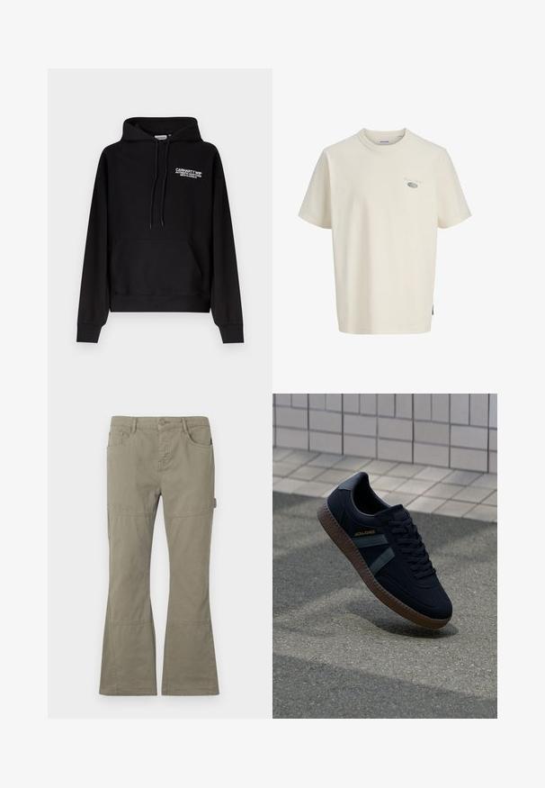 Μαύρο φούτερ Carhartt WIP με τσέπη καγκουρό μπροστά, κουκούλα με κορδόνι και λευκό κείμενο λογότυπου στο αριστερό στήθος.; Εκρού κοντομάνικη μπλούζα με στρογγυλή λαιμόκοψη, με μικρό γκρι κείμενο και οβάλ γραφικό στην αριστερή πλευρά του στήθους, ετικέτα Jack & Jones στο εσωτερικό του γιακά.; Παντελόνια από καμουφλάζ σε φαρδιά γραμμή, φτιαγμένα από βαμβάκι. Διαθέτουν μπροστινές και πλευρικές τσέπες, λεπτομέρειες ραφής και λεία υφή.; Μαύρο αθλητικό παπούτσι με υφή επιφάνειας, σκούρες πράσινες ρίγες και καφέ καουτσούκ σόλα. Διαθέτει κορδόνια και σήμα στο πλάι.