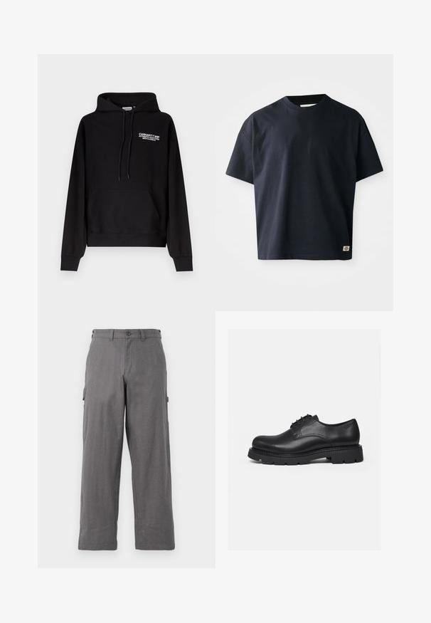 Μαύρο φούτερ Carhartt WIP με τσέπη καγκουρό μπροστά, κουκούλα με κορδόνι και λευκό κείμενο λογότυπου στο αριστερό στήθος.; Σκούρο μπλε κοντομάνικο μπλουζάκι με λαιμόκοψη τύπου crew, με ένα μικρό ορθογώνιο λογότυπο της φίρμας κοντά στο κάτω στρίφωμα στη δεξιά μπροστινή πλευρά.; ΓκριCargo παντελόνια με ευθεία γραμμή, κατασκευασμένα από ανθεκτικό ύφασμα. Περιλαμβάνουν πλαϊνές τσέπες και κουμπί στη μέση.; Μαύρο δερμάτινο παπούτσι με κορδόνια, παχιά σόλα με αυλάκια, στρογγυλεμένη μύτη και ραμμένες λεπτομέρειες, εμφανίζεται σε πλαϊνή όψη σε απλό φόντο.