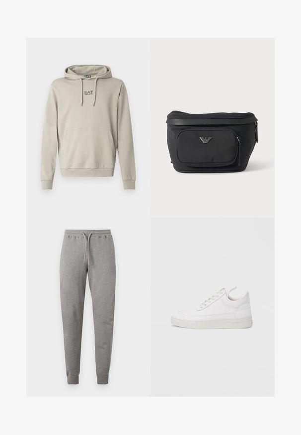 Sweat à capuche beige clair avec cordon de serrage, poche kangourou et logo EA7 sur la poitrine. Le tissu semble doux avec une texture lisse.; Pantalon de survêtement gris avec taille élastique, cordon et chevilles élastiquées, présenté sur fond blanc.; Baskets en cuir blanc avec un embout arrondi, une semelle plate et un laçage à l'avant. Présentent des détails de couture et un col rembourré pour plus de confort.; Sac banane noir avec poche avant zippée et logo aigle argenté, tissu lisse avec bordure texturée et tirettes de fermeture éclair.