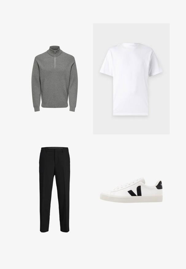 Sweat-shirt gris à demi-zip, texture côtelée, col haut, manches longues et fermeture éclair en métal au cou. Design classique et décontracté.; T-shirt blanc à manches courtes en coton avec un col rond, présentant une texture lisse et un design simple, sans motifs ni accents.; Pantalons noirs en tissu lisse, présentant une coupe droite, des passants de ceinture et un devant plat sans motifs ni embellissements visibles.; Sneaker blanche en cuir avec des accents en daim noir ; dispose d'une semelle en caoutchouc, d'un bout rond et d'un design classique à lacets. Logo latéral en noir.