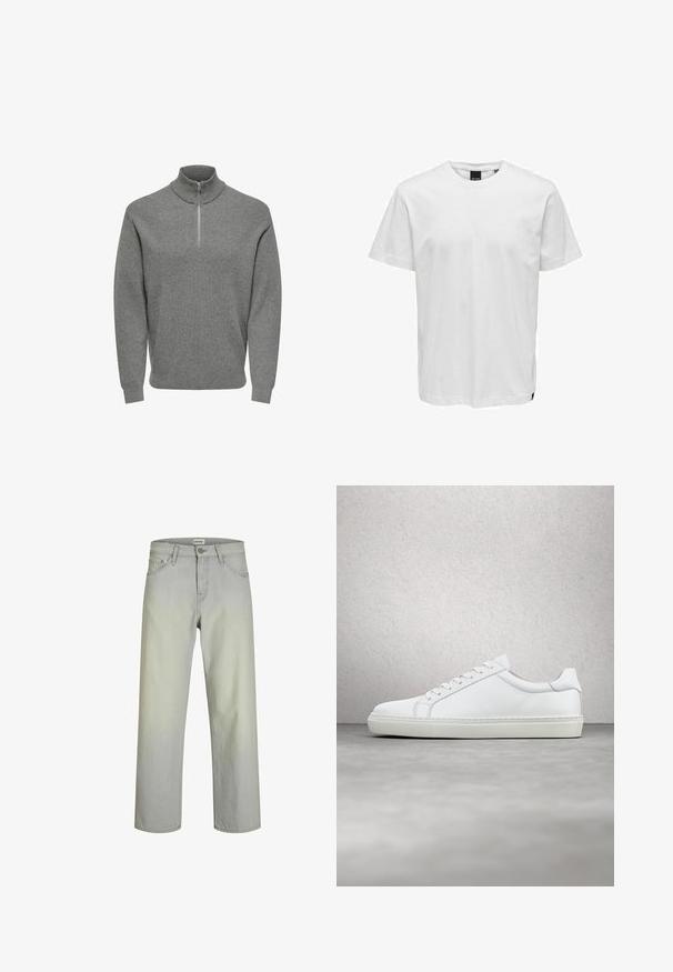 Grå halv-lynlås pullover-trøje, ribbet tekstur, høj krave, lange ærmer og en metal lynlås ved halsen. Klassisk, afslappet design.; Hvid bomulds T-shirt med korte ærmer, rund halsudskæring, afslappet pasform og uden mønstre. Har et lille logo accent nær sømmen.; Lysegrå, lige jeans med en klassisk fem-lomme design, knaplukning og bæltestropper. Fremstillet af denimstof med en glat tekstur.; Hvide sneakers med en glat læderoverdel og lav profil. Har en rund tå, seks snørehuller og en tekstureret gummisål.