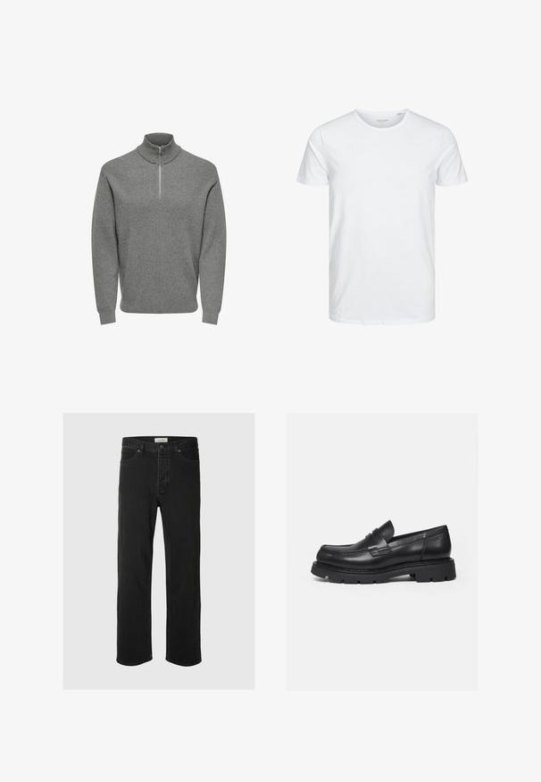Grå halv-lynlås pullover-trøje, ribbet tekstur, høj krave, lange ærmer og en metal lynlås ved halsen. Klassisk, afslappet design.; Rundhals kortærmet t-shirt i ensfarvet hvid, lavet af blød bomuld, har et simpelt design uden synlige mønstre eller detaljer.; Sorte denim straight-leg jeans har et klassisk fem-lomme design med knaplukning, minimal syning og en blød tekstur.; Sort læderloafer med tyk rillede sål og penny-remdetalje, vist i højre sideprofil på hvid baggrund.