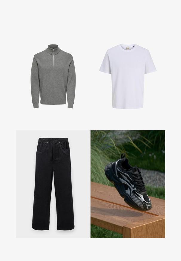 Grå halv-lynlås pullover-trøje, ribbet tekstur, høj krave, lange ærmer og en metal lynlås ved halsen. Klassisk, afslappet design.; Hvid bomulds T-shirt med rund halsudskæring, korteærmer og et diskret logo på brystet. Glat tekstur og afslappet pasform.; Sorte vidde bukser i ribfløjl med elastisk linning, knap- og lynlåslukning samt forlommer mod en lys baggrund.; Sort og grå atletisk sneaker med mesh og reflekterende detaljer, balanceret på kanten af en træbænk udendørs.