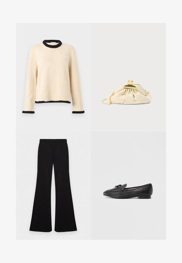 Pull en maille crème à manches longues avec bordure côtelée noire au col, aux poignets et à l'ourlet, présenté sur un fond uni.; Pantalon noir évasé avec taille élastique et fermetures éclair aux chevilles, devant plat, tissu lisse, présenté sur un fond blanc uni.; Mocassin en cuir noir avec un bout arrondi, un nœud décoratif et un détail doré sur l'empeigne, et un talon bas carré. Texture lisse.; Pochette couleur crème en matière douce, dotée d'un fermoir doré et d'une bandoulière chaîne, avec un design froncé sur le corps.