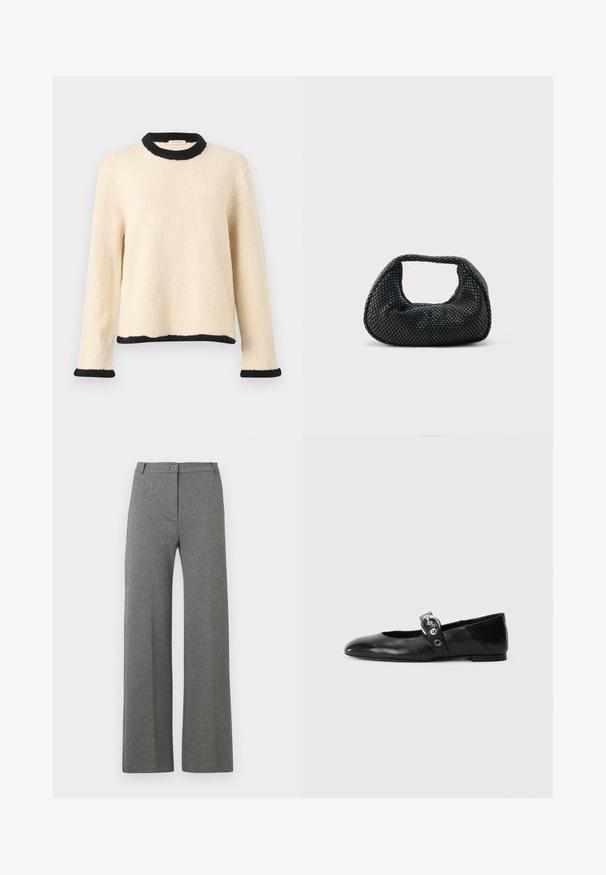 Pull en maille crème à manches longues avec bordure côtelée noire au col, aux poignets et à l'ourlet, présenté sur un fond uni.; Pantalons larges gris en tissu texturé, dotés d'une fermeture à bouton sur le devant et de deux poches latérales. Design classique à coupe décontractée.; Ballerines en cuir noir avec un bout pointu, dotées d'une sangle avec une boucle métallique circulaire et d'une semelle plate.; Sac hobo tissé noir avec une structure souple et une poignée intégrée, présenté sur un fond clair uni.