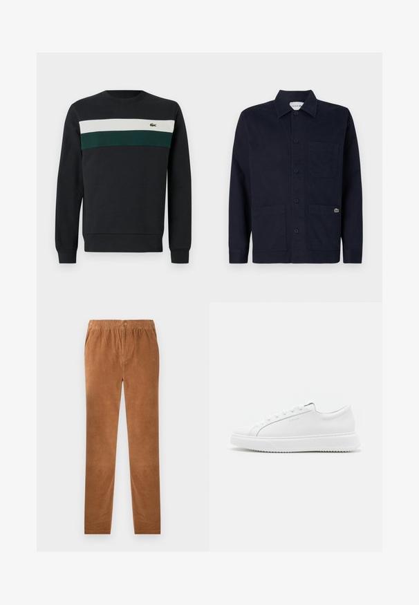 Donkere sweatshirt met een zwarte basis, voorzien van groene en witte horizontale strepen op de borst en een klein geborduurd logo aan de linkerkant.; Donker marineblauw blousejack met kraag, drie voorzakken en klein groen Lacoste krokodillenlogo op de onderste rechterzak.; Bruine corduroy broek met een elastische tailleband, voorzien van een knoopsluiting. Rechte pasvorm en zachte, gestructureerde stof.; Witte sneakers van glad synthetisch materiaal. Voorzien van een low-top ontwerp, verhoogde witte zool, ronde neus en vetersluiting met vijf oogjes.