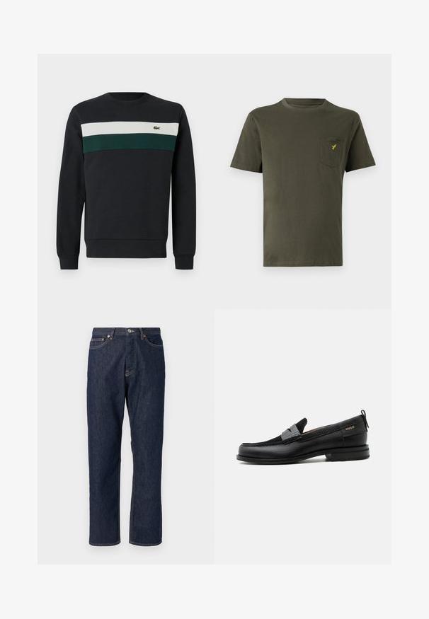 Dunkles Sweatshirt mit schwarzem Grundton, verziert mit grünen und weißen horizontalen Streifen über der Brust sowie einem kleinen gestickten Logo auf der linken Seite.; Olivegrünes Baumwoll-T-Shirt mit Rundhalsausschnitt, kurzen Ärmeln und einer linken Brusttasche, die mit einem kleinen gelben Logo versehen ist. Glatte Textur.; Dunkelblaue Denimjeans mit geradem Bein-Design. Verfügt über einen Knopf- und Reißverschluss, fünf Taschen und Kontrastnähte.; Schwarzer Lederloafer mit grauem Riemendetail, niedrigem Absatz und strukturierter Sohle, seitlich mit „HUGO“ in Gold gebrandmarkt.