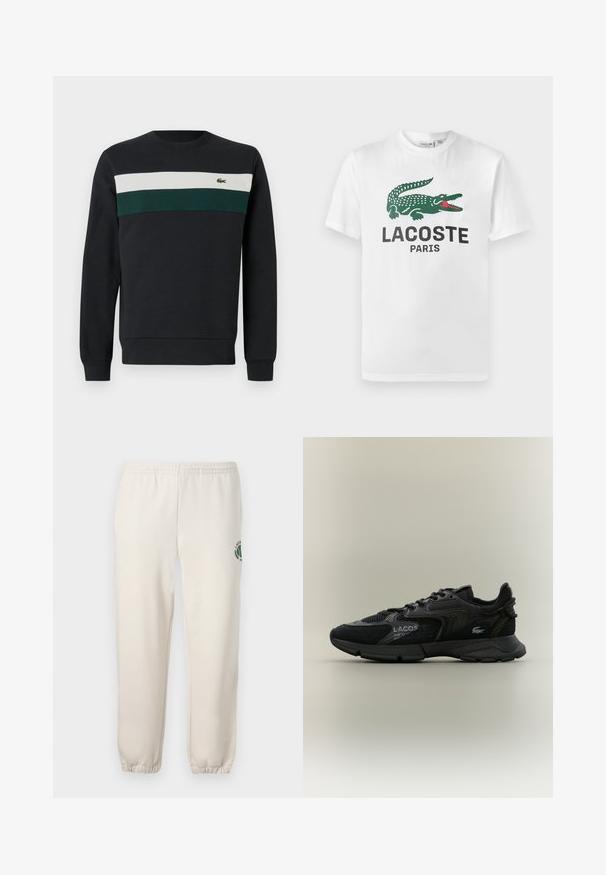 Dunkles Sweatshirt mit schwarzem Grundton, verziert mit grünen und weißen horizontalen Streifen über der Brust sowie einem kleinen gestickten Logo auf der linken Seite.; Lacoste T-Shirt print - white; Helle beige Sweatpants aus Baumwolle mit einem elastischen Bund, gerippten Bündchen und einem grünen Logo mit Blattdesign am linken Bein.; Schwarzer Lacoste-Sneaker mit Netz- und Wildlederpaneelen, schwarzer Sohle, Schnürsenkeln, Logo und Koordinatentext an der Seite auf einem schlichten beigen Hintergrund.