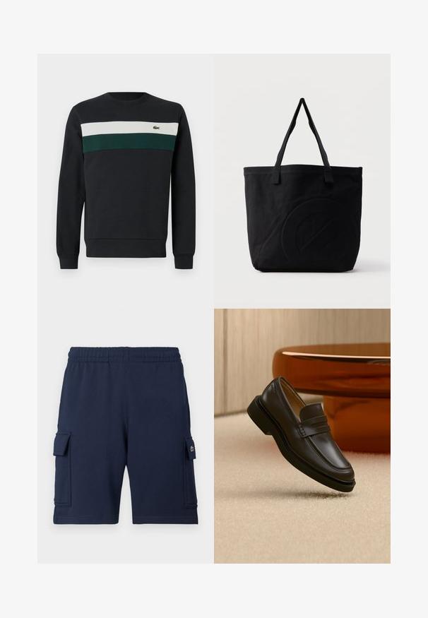 Dunkles Sweatshirt mit schwarzem Grundton, verziert mit grünen und weißen horizontalen Streifen über der Brust sowie einem kleinen gestickten Logo auf der linken Seite.; Marineblaue Cargo-Shorts aus weichem Stoff, mit einem elastischen Bund, zwei Seitentaschen und einem kleinen Logoakzent auf der linken Tasche.; Schwarzer Lederloafer, der über einem beigen Teppich mit braunen, abgerundeten Möbeln im Hintergrund schwebt.; Schwarze Canvas-Shopper-Tasche mit zwei Schulterriemen und einem dezenten, eingeprägten kreisförmigen Design auf der Vorderseite.