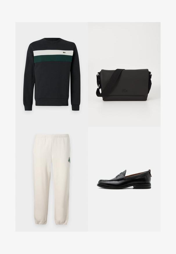 Dunkles Sweatshirt mit schwarzem Grundton, verziert mit grünen und weißen horizontalen Streifen über der Brust sowie einem kleinen gestickten Logo auf der linken Seite.; Helle beige Sweatpants aus Baumwolle mit einem elastischen Bund, gerippten Bündchen und einem grünen Logo mit Blattdesign am linken Bein.; Schwarzer Leder-Herrenschuh mit Mokassinnaht, Penny-Riemen, strukturiertem Kragen und niedrigem gestapeltem Absatz auf weißem Hintergrund.; Lacoste MESSENGER BAG MEN CLASSIC - Umhängetasche - noir