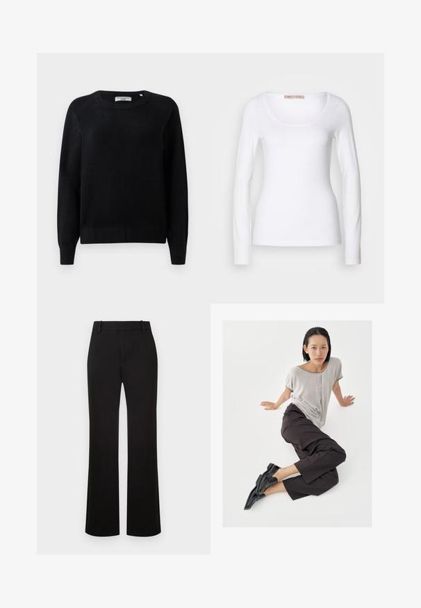 Sort striktrøje med rund halsudskæring, lange ærmer og ribbede manchetter og kant. Blød tekstur, ingen synlige mønstre eller hardware.; Langærmet hvid bomulds T-shirt med rund halsudskæring og tætsiddende design, med glat tekstur og uden udsmykninger.; Sorte, lige bukser i glat stof med talje i midjen og uden synlige mønstre eller hardware-detaljer.; Lysegrå top med korte ærmer, mørke bukser med vide ben og sorte loafers. Glat stof, afslappet pasform og kontrastfarvet kant på skjorten.