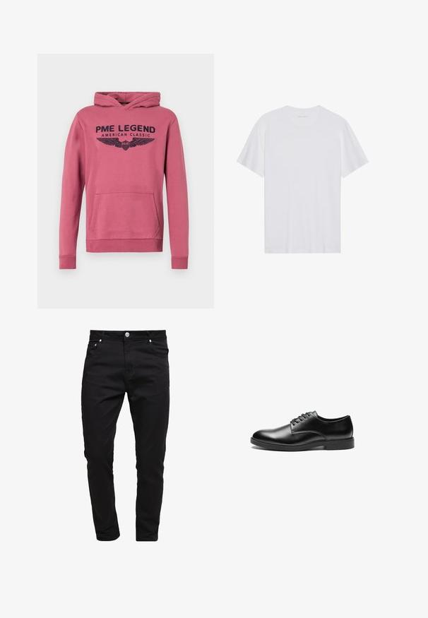 Sudadera rosa fabricada con un material de mezcla de algodón. Presenta un bolsillo canguro, puños acanalados y una impresión gráfica frontal con alas y texto.; Camiseta de algodón blanca con mangas cortas, cuello redondo y una textura suave. Presenta una marca mínima en el escote.; Jeans negros de tela de mezclilla, diseño ajustado, estilo de cinco bolsillos, cierre de botón metálico, con detalles de costura y una textura suave.; Zapato de vestir de cuero negro con acabado liso, puntera redondeada, diseño de cordones con seis ojales y suela de goma plana.