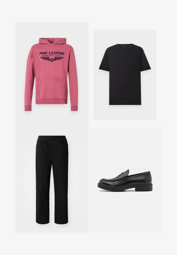 Sudadera rosa fabricada con un material de mezcla de algodón. Presenta un bolsillo canguro, puños acanalados y una impresión gráfica frontal con alas y texto.; Camiseta negra de manga corta con cuello redondo y diseño liso, mostrada plana sobre un fondo gris claro.; Pantalones de algodón negros con un ajuste relajado, cinturilla elástica, dos bolsillos delanteros y piernas rectas. Textura suave sin patrones visibles.; Mocasines de cuero negro con punta redondeada, diseño sin cordones y suela de goma gruesa con agarre texturizado. Tacón elevado y detalles de costura sutiles.