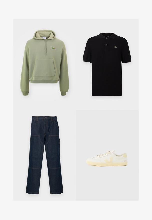 Grøn cropped hoodie lavet af blødt stof, med en kænguru lomme og en snørehætte, samt et lille broderet logo på brystet.; Sort polo skjorte lavet af strikket stof, med klassisk krave, tre knapper og et grønt krokodillelogo på venstre side. Korte ærmer.; Mørkeblå denim arbejdspants med lige ben, forstærkede knælapper, sidelommer, bæltestropper og lukning foran med knap.; Hvide lædersneakers med en gul gummisål, med minimalistisk design, afrundet tå og en logo-detalje på siden og hælen.