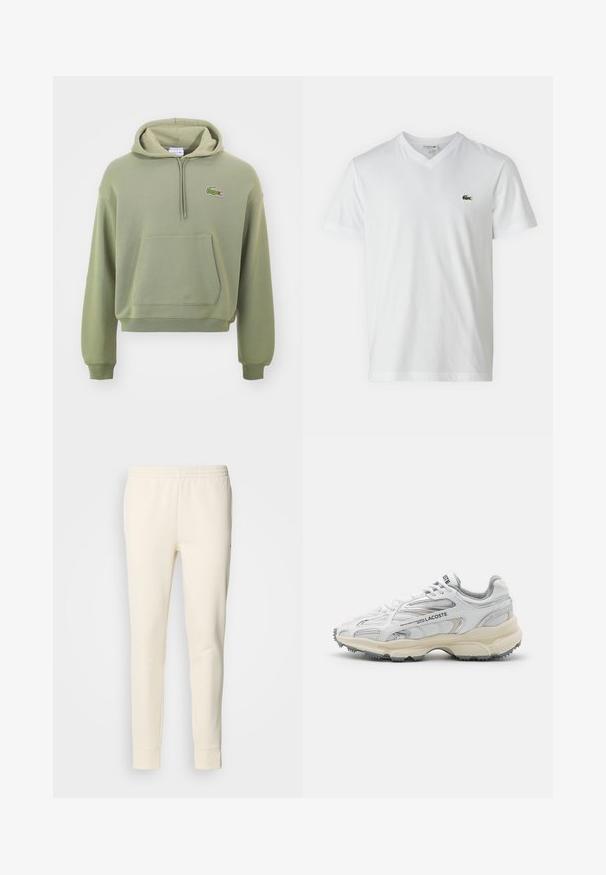 Groene cropped hoodie van zacht materiaal, met een kangoeroezak en een capuchon met trekkoord, voorzien van een klein geborduurd logo op de borst.; Witte katoenen t-shirt met een V-hals, korte mouwen en een klein groen krokodillenlogo op de linkerkant van de borst. Eenvoudig en lichtgewicht ontwerp.; Crème-kleurige joggingsbroek van zachte stof, met een elastische tailleband, taps toelopende benen en afgesloten enkels. Eenvoudig ontwerp zonder patronen.; Witte sportieve schoenen met grijze accenten, bovenwerk van mesh en synthetisch materiaal, vetersluiting en een geprofileerde rubberen zool met looppatronen.