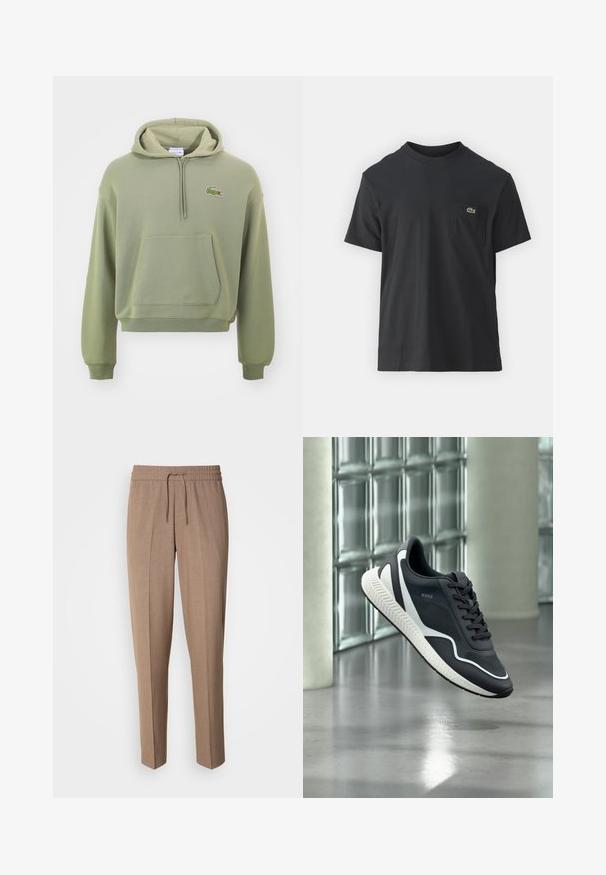 Grøn cropped hoodie lavet af blødt stof, med en kænguru lomme og en snørehætte, samt et lille broderet logo på brystet.; Sort bomulds t-shirt med korte ærmer, rund halsudskæring og et lille grønt logo på venstre brystlomme. Enkel design, normal pasform.; Brune, vævede bukser med en afslappet pasform, snøre i taljen og frontfald. Lige ben og ingen synlige lommer eller metaldele.; Sort-hvid BOSS sneaker med tekstureret sål og mesh-design, svævende over en poleret betongulv i et moderne indendørs miljø.