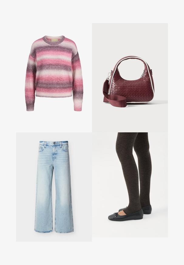 Weicher, flauschiger Pullover mit Rundhalsausschnitt und horizontalen Streifen in den Farbtönen Rosa, Lila und Weiß, langen Ärmeln sowie gerippten Bündchen und Saum.; Hellblaue High-Waist-Jeans mit weitem Bein, vorderen Taschen, Gürtelschlaufen und Knopfverschluss.; Beine in dunklen, gerippten Leggings kombiniert mit schwarzen Ballerinas mit kleinen Schleifendetails auf weißem Hintergrund.; Dunkelrote gewebte Ledertasche mit gebogenem Griff, weißem Besatz, silbernem Reißverschluss und abnehmbarem breitem Stoff-Schulterriemen vor einfarbigem Hintergrund.