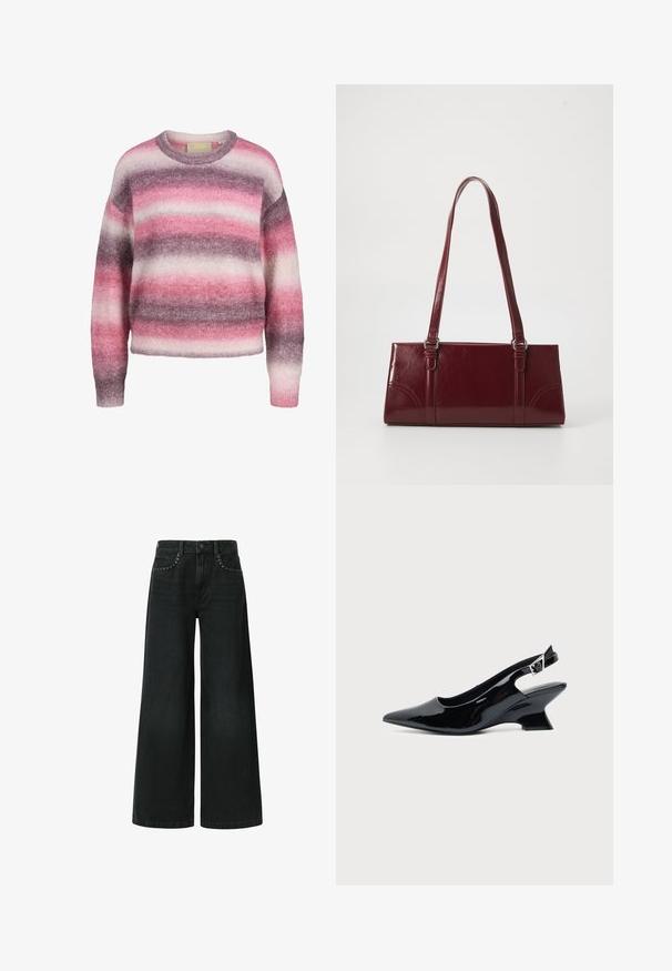 Pull doux et moelleux à encolure ras du cou avec des rayures horizontales dans des tons de rose, violet et blanc, manches longues, et poignets et ourlet côtelés.; Jean noir à jambe large en denim, avec un design classique à cinq poches et des clous décoratifs près des poches avant.; Chaussure slingback en cuir verni noir avec bout pointu et petit talon bloc incliné sur fond clair uni.; Sac à main bordeaux en matériau brillant, de forme rectangulaire, avec deux anses et des accents légèrement courbés à l'avant.