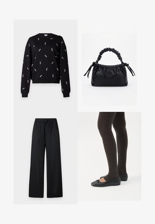 Sort sweatshirt med en afslappet pasform, der prydes af hvid broderet tekst spredt over stoffet. Ribstrikkede manchetter og kant. Blød struktur.; Svarte bukser med vide ben lavet af blødt stof med elastisk talje og snøre, med to forlommer og en glat tekstur.; Ben iført mørke ribbede leggings kombineret med sorte balletsko med små sløjfedetaljer på hvid baggrund.; Sort taske med krokodilletekstur, rynket øverste kant, samlet hank og snore med kvaster på hver side mod en hvid baggrund.