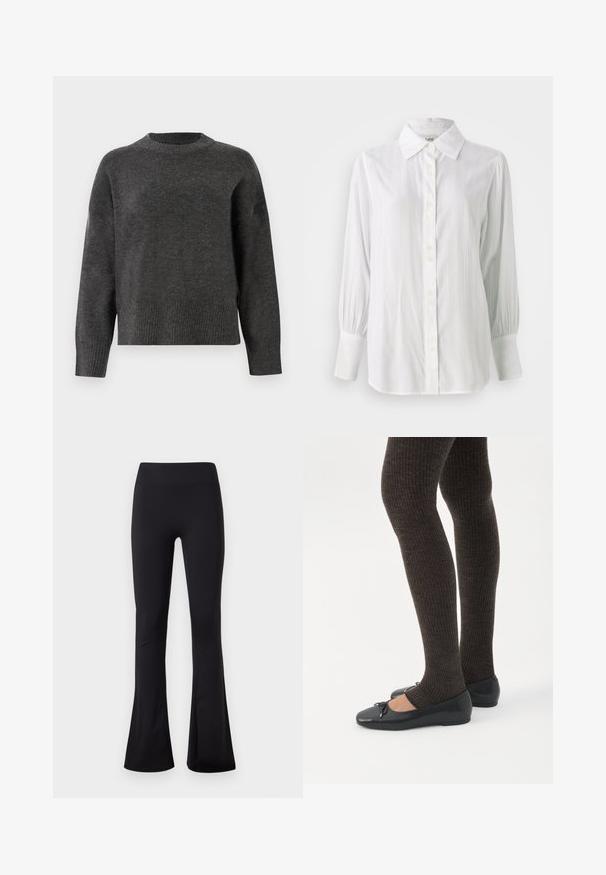 Pull en maille gris foncé avec des manches longues, un col rond et des poignets et un ourlet à côtes. Texture lisse avec une coupe légèrement ample.; Chemise blanche à boutons, à rayures verticales, avec de longues manches bouffantes et un col classique. Comprend une rangée de cinq boutons sur le devant.; Leggings noirs taille haute avec une forme évasée au niveau des jambes, confectionnés dans un tissu lisse et extensible, présentés sur un fond blanc uni.; Jambes portant des leggings côtelés foncés associés à des ballerines noires avec de petits détails en nœud sur fond blanc.