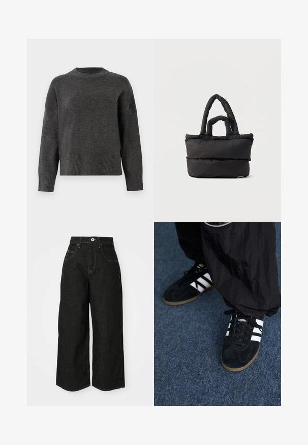 Pull en maille gris foncé avec des manches longues, un col rond et des poignets et un ourlet à côtes. Texture lisse avec une coupe légèrement ample.; Jeans en denim noir à jambe large avec une taille haute, présentant des poches avant, des coutures surpiquées et une fermeture à bouton classique. Tissu doux et texturé.; Des chaussures de sport en suède noir avec trois rayures blanches et des lacets noirs. Un pantalon noir texturé est partiellement visible à côté des chaussures.; Sac cabas noir rembourré avec deux poignées rembourrées, forme rectangulaire et texture matelassée douce sur fond blanc uni.