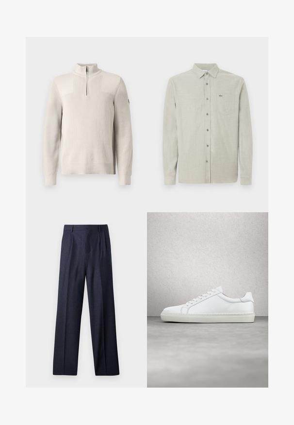 Lys beige strikket pullover med en kvart lynlås, ribbet krave, cuffs og kant, med et lille mærke på venstre ærme.; Lys beige langærmet skjorte med knapper og krave, brystlomme med et lille grønt krokodillelogo.; Marineblå uldbukser med en skræddersyet pasform, der har plisseret foran og brede ben. Glat tekstur og rene linjer, velegnet til formelle anledninger.; Hvide sneakers med en glat læderoverdel og lav profil. Har en rund tå, seks snørehuller og en tekstureret gummisål.