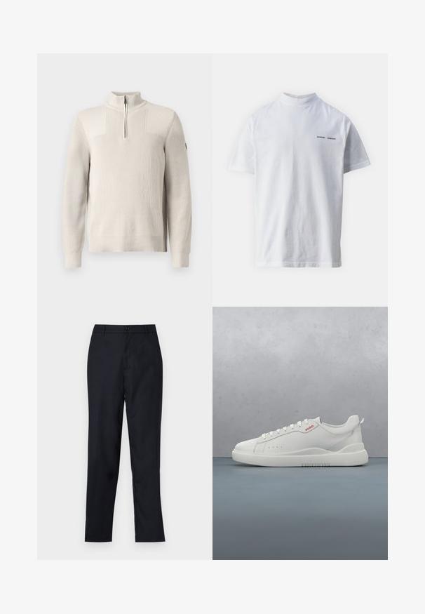 Suéter de punto beige claro con media cremallera, cuello de canalé, puños y dobladillo, que presenta un pequeño parche en la manga izquierda.; Camisa de algodón blanca con un cuello alto y mangas cortas. Presenta el logo "SAMSØE SAMSØE" en negro en la parte delantera. Textura suave.; Pantalones azul marino de tejido suave, con un diseño de pierna recta, cierre de un solo botón y suaves plisados en la parte frontal.; Zapatilla blanca con un acabado de cuero liso, punta redonda, cuatro ojales, perforaciones sutiles y un detalle de logo rojo en el lateral.