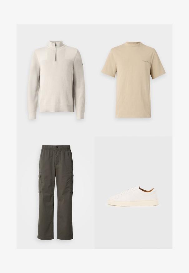 Suéter de punto beige claro con media cremallera, cuello de canalé, puños y dobladillo, que presenta un pequeño parche en la manga izquierda.; Camiseta de algodón beige con escote redondeado y mangas cortas. Presenta un discreto logotipo en texto negro "SAMSOE" en el pecho.; Pantalones cargo en gris oscuro con cintura elástica, dos bolsillos laterales y un corte relajado. Fabricados con un tejido duradero y de textura suave.; Zapatilla blanca de corte bajo con diseño de cordones, detalles mínimos de costuras y suela color crema sobre un fondo gris claro.