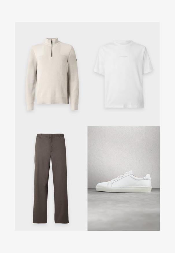 Lichtbeige gebreide pullover met een kwart rits, ribbelkraag, manchetten en onderrand, voorzien van een kleine patch op de linkermouw.; Wit T-shirt met korte mouwen en een ronde hals, met een subtiel gegraveerd Calvin Klein-logo in het midden van de borst.; Bruine katoenen broek met een rechte pijp, voorzien van riemlussen en een gladde textuur. Geen zichtbare patronen of metalen details.; Witte sneaker met een gladlederen bovenwerk en een laag profiel. Voorzien van een ronde neus, zes vetergaatjes en een gestructureerde rubberen zool.