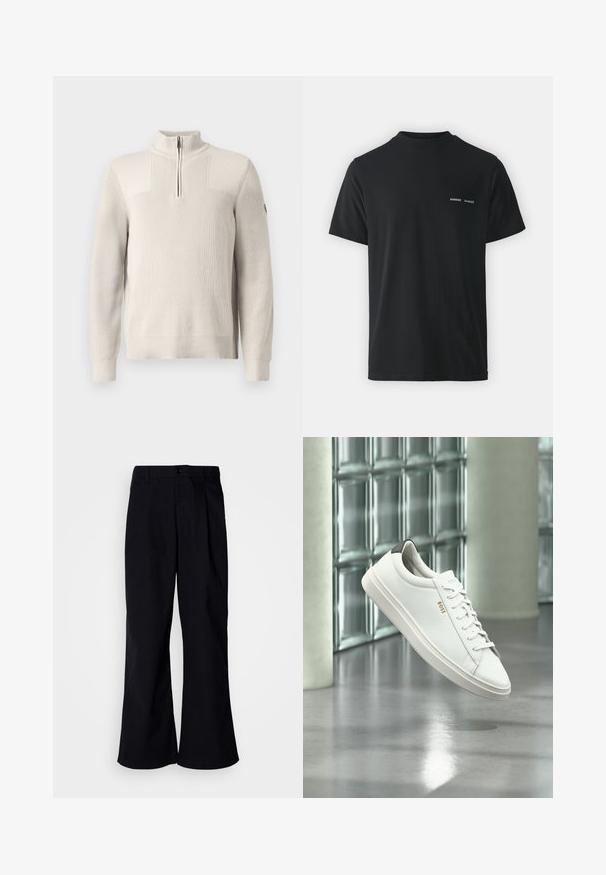Lys beige strikket pullover med en kvart lynlås, ribbet krave, cuffs og kant, med et lille mærke på venstre ærme.; Sort bomulds t-shirt med klassisk rund hals, korte ærmer og to små hvide "SAMSØE" logoer på venstre bryst.; Sorte bredbenede bukser lavet af bomuld med en frontfold, der har knaplukning og bæltestropper, glat tekstur og ingen synlige mønstre.; Hvid læder lav-top sneaker med snørebånd, sort hælflig og "BOSS"-logo, svævende indendørs nær glasblok væg og poleret gulv.
