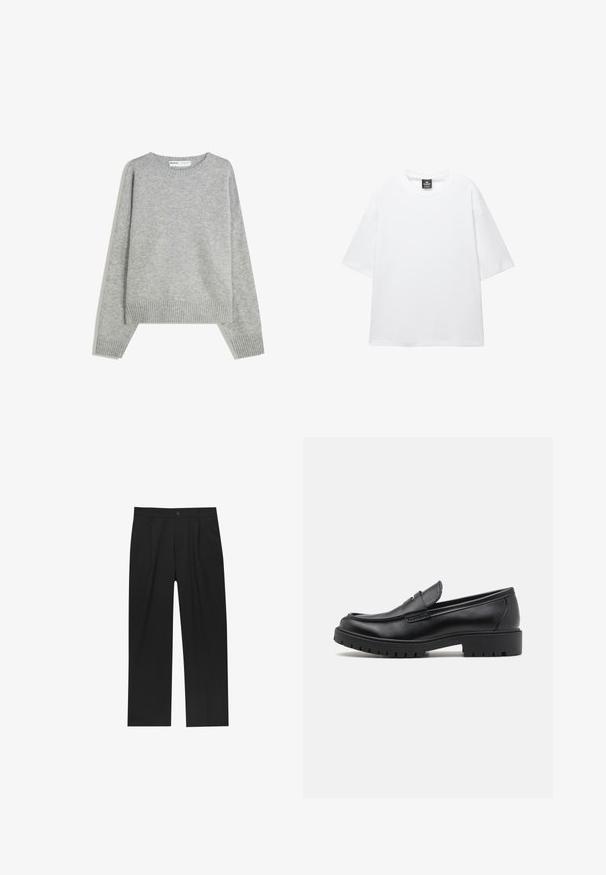 Pull en tricot gris avec un col rond, des poignets et un ourlet côtelés, offrant une coupe décontractée et une texture douce.; T-shirt blanc surdimensionné avec des manches courtes, un col rond et un tissu en coton doux. Présente une étiquette noire au niveau du cou. Sans motifs ni accents.; Pantalons noirs au design droit, fabriqués à partir d'un tissu lisse. Dotés de plis sur le devant et d'une fermeture à un bouton à la taille.; Mocassins en cuir noir avec un bout arrondi, un design à enfiler et une semelle en caoutchouc épaisse avec une texture antidérapante. Talon surélevé et détails de surpiqûre subtils.