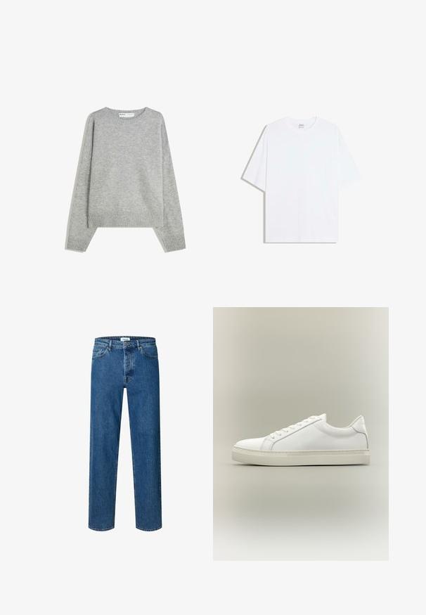 Pull en tricot gris avec un col rond, des poignets et un ourlet côtelés, offrant une coupe décontractée et une texture douce.; T-shirt oversize en coton blanc avec un col rond et des manches courtes ; texture lisse, sans motifs ni accents visibles.; Jean droit bleu en denim avec fermeture par bouton et fermeture éclair, passants de ceinture et design cinq poches.; Baskets blanches basses à lacets sur l’avant et semelle épaisse, vues de côté sur un fond neutre.