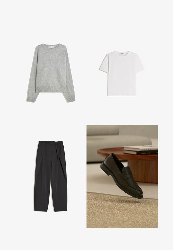 Pull en tricot gris avec un col rond, des poignets et un ourlet côtelés, offrant une coupe décontractée et une texture douce.; T-shirt en coton blanc avec un col rond et des manches courtes. Présente une coupe classique et carrée, sans motifs ni accents visibles.; Pantalon noir taille haute, coupé droit, avec pinces et passants de ceinture, présenté à plat sur un fond blanc.; Chaussure mocassin en cuir noir présentée en suspension au-dessus d'un tapis beige tissé, avec une table en bois et des livres empilés dans un salon doucement éclairé.
