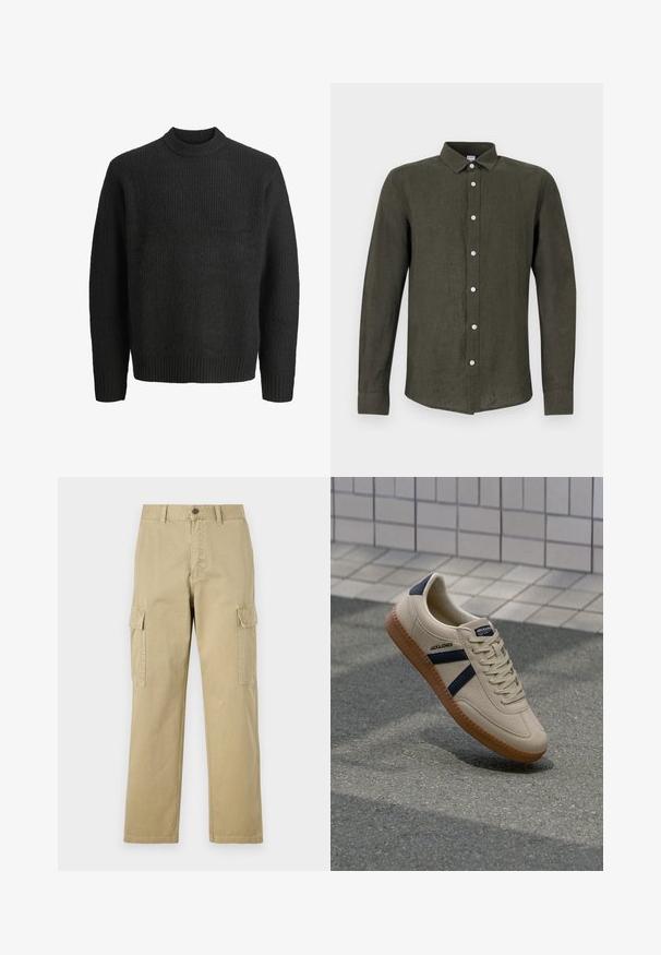 Sort strikket crewneck-sweater med lange ærmer og ribbede manchetter og kant, vist på hvid baggrund.; Mørkegrøn langærmet skjorte lavet af hør. Har en knaplukning foran med lyse knapper og en krave for et struktureret udseende.; Beige cargo bukser lavet af bomuld, med to sidelommer, knaplukning og lige ben i et let tekstureret stof.; Beige sneaker med struktureret overflade, marineblå striber og gummisål. Har en polstret tunge og traditionelt snørresystem for en sikker pasform.