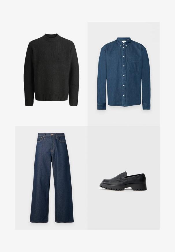 Sort strikket crewneck-sweater med lange ærmer og ribbede manchetter og kant, vist på hvid baggrund.; Mørkeblå denimskjorte med knapper, lange ærmer, en forlommer til venstre og en knaplukket krave, vist på en hvid baggrund.; Vidbenede jeans lavet af mørkt denim med orange syninger, som har fem lommer, en knaplukning foran og en lige silhuet.; Sorte læder loafers med en rund tå, prydet med en dekorativ rem og en kraftig gummisål med dybe riller for grip.