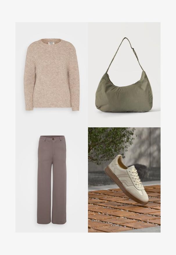 Beige neulepaita pyöreällä kaula-aukolla, ribatulla pinnalla ja pitkillä hihoilla. Valmistettu pehmeästä materiaalista, jossa on rento leikkaus ja vähäiset yksityiskohdat.; Isot leggings - leveät housut sileä, hillitty ruskea kangas, etutaskut, nappikiinnitys ja muotoiltu vyötärö.; Kermanvärinen tennari, jossa on teksturoitu beige kumipohja, nauhoitettu malli ja hillitty sivumerkintä. Sileä nahkainen päällinen.; Oliivinvihreä pehme kangasolkaiminen laukku, jossa on vetoketjukiinnitys ja säädettävä olkahihna vaalealla yksivärisellä taustalla.