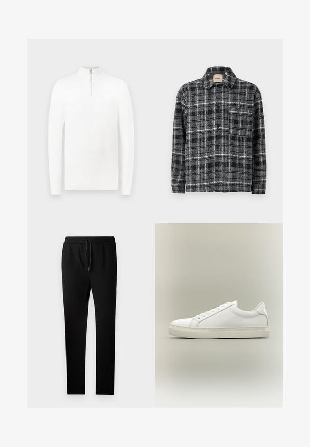 Pull à col zippé blanc avec des manches longues, fabriqué à partir d'un tissu lisse. Il présente un design minimaliste avec des poignets et un ourlet côtelés.; Chemise à carreaux noire, blanche et grise avec col, manches longues et boutonnière à l'avant. Elle dispose d'une poche poitrine pour un détail supplémentaire.; Pantalons de jogging noirs au coupe ajustée, avec une taille élastique et un cordon de serrage. Fabriqués en tissu doux avec une texture lisse et sans motifs visibles.; Baskets blanches basses à lacets sur l’avant et semelle épaisse, vues de côté sur un fond neutre.