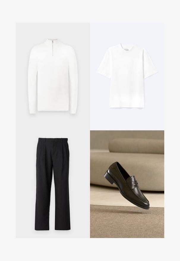 Pull à col zippé blanc avec des manches longues, fabriqué à partir d'un tissu lisse. Il présente un design minimaliste avec des poignets et un ourlet côtelés.; T-shirt blanc uni à manches courtes et col rond avec une coupe décontractée, présenté sur un fond clair.; Jack & Jones Classic Wide Leg Fit - Pantalon classique - black; Mocassin en cuir noir flottant au-dessus d'un tapis beige avec un canapé beige en arrière-plan, mettant en valeur le design classique pour hommes sans lacets.